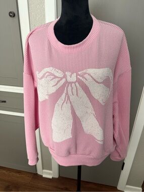 BUCKETLIST Pink Crewneck Sweater with White Bow Motif